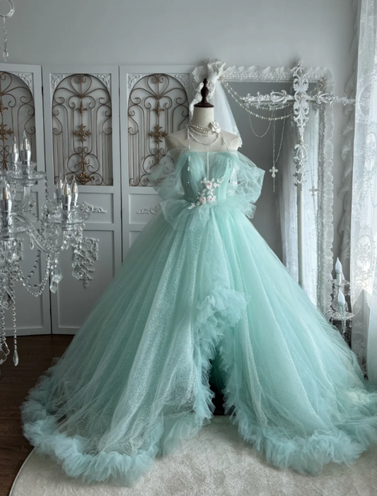 Classical Off-Shoulder Mint Green Prom Dress Appliques Tulle A-Line Evening Dress GG7518