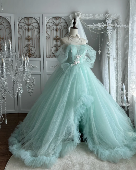 Classical Off-Shoulder Mint Green Prom Dress Appliques Tulle A-Line Evening Dress GG7518