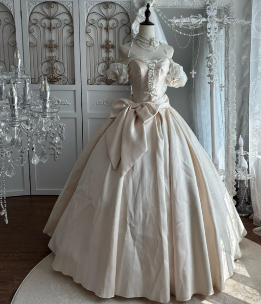 Lovely Off-Shoulder Appliques Prom Dress Bow Satin A-Line Evening Dress GG7519