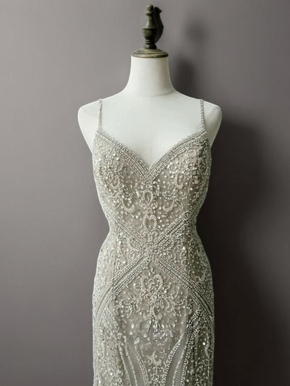 Elegant Mermaid Spaghetti Straps Tulle Embroidery With Feather Hem Long Prom Dress,Evening Dress GG752