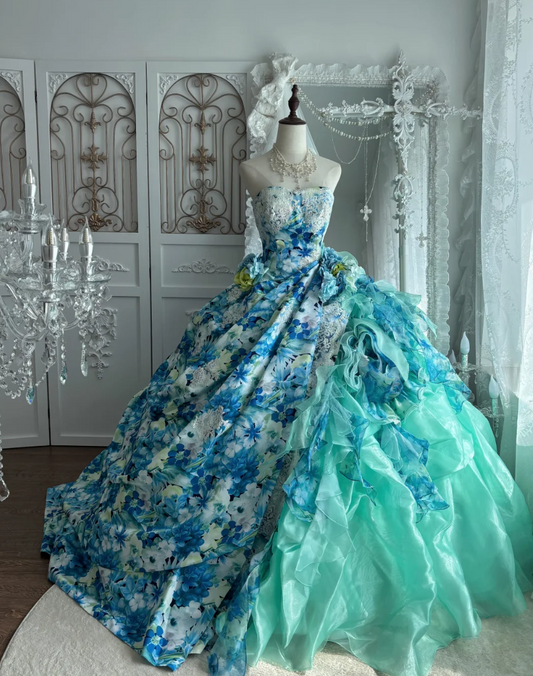 Vibrant Strapless Floral Prom Dress Sequins A-Line Evening Dress GG7520