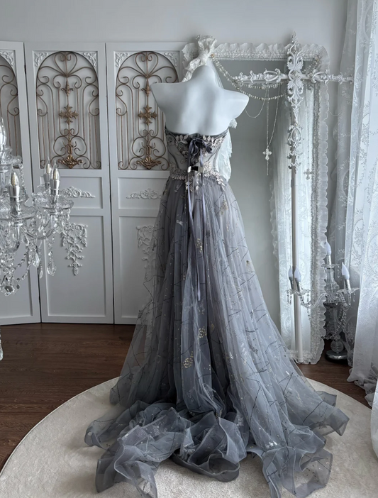 Vintage Strapless Gray Prom Dress Sequins Appliques A-Line Evening Dress GG7522