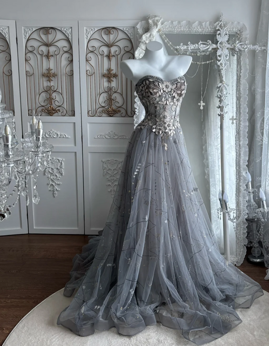 Vintage Strapless Gray Prom Dress Sequins Appliques A-Line Evening Dress GG7522