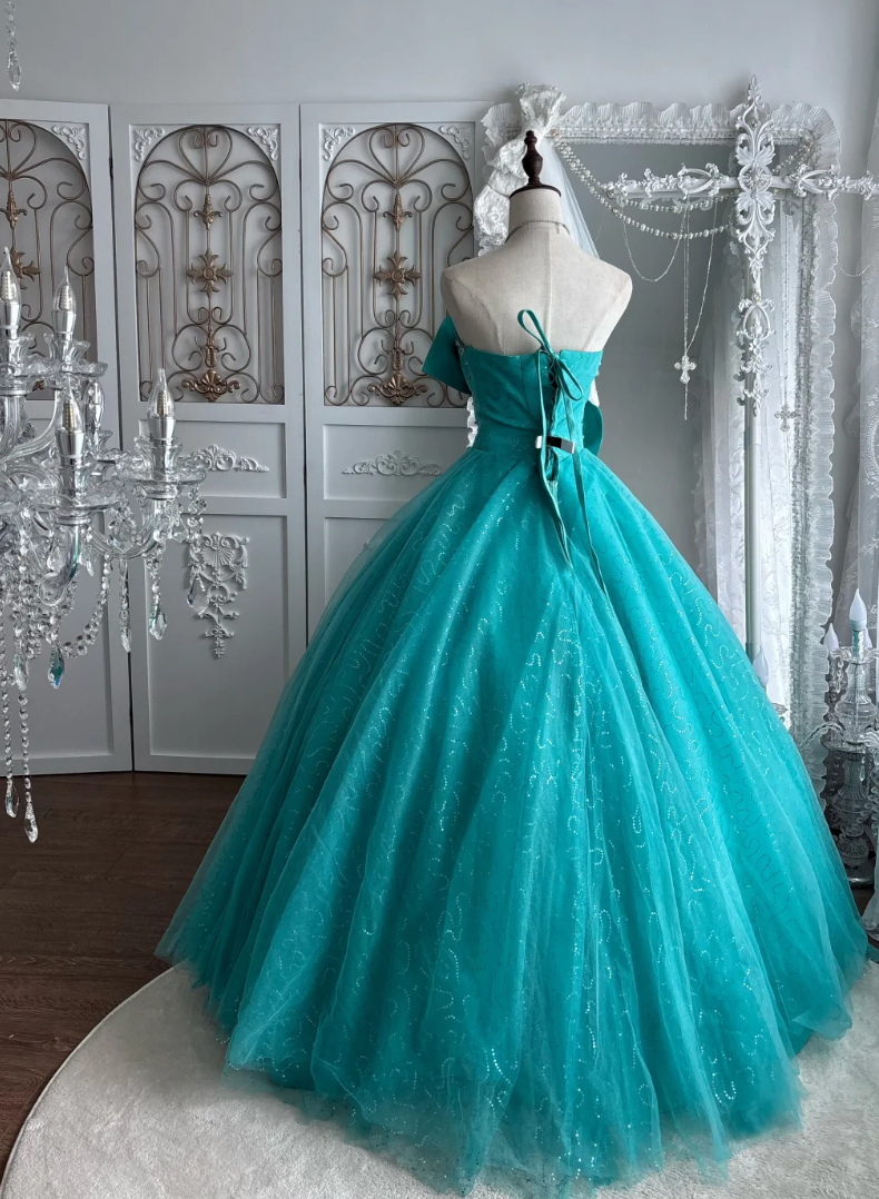 Y2K Strapless Sequins Prom Dress Green Bow A-Line Evening Dress GG7524