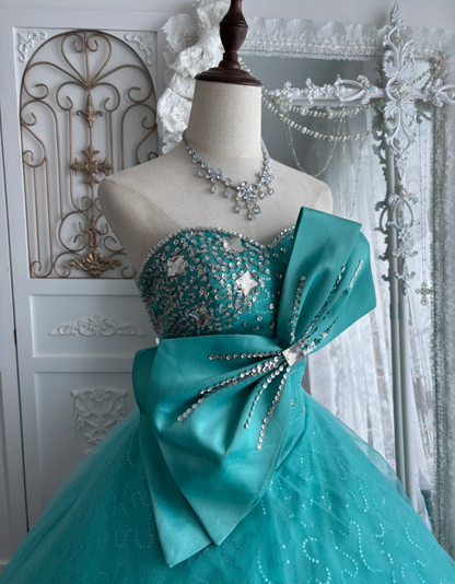 Y2K Strapless Sequins Prom Dress Green Bow A-Line Evening Dress GG7524