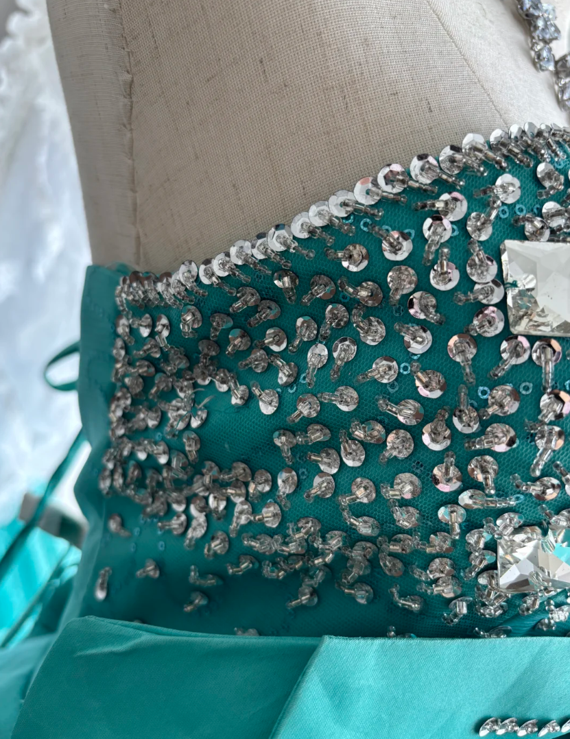 Y2K Strapless Sequins Prom Dress Green Bow A-Line Evening Dress GG7524