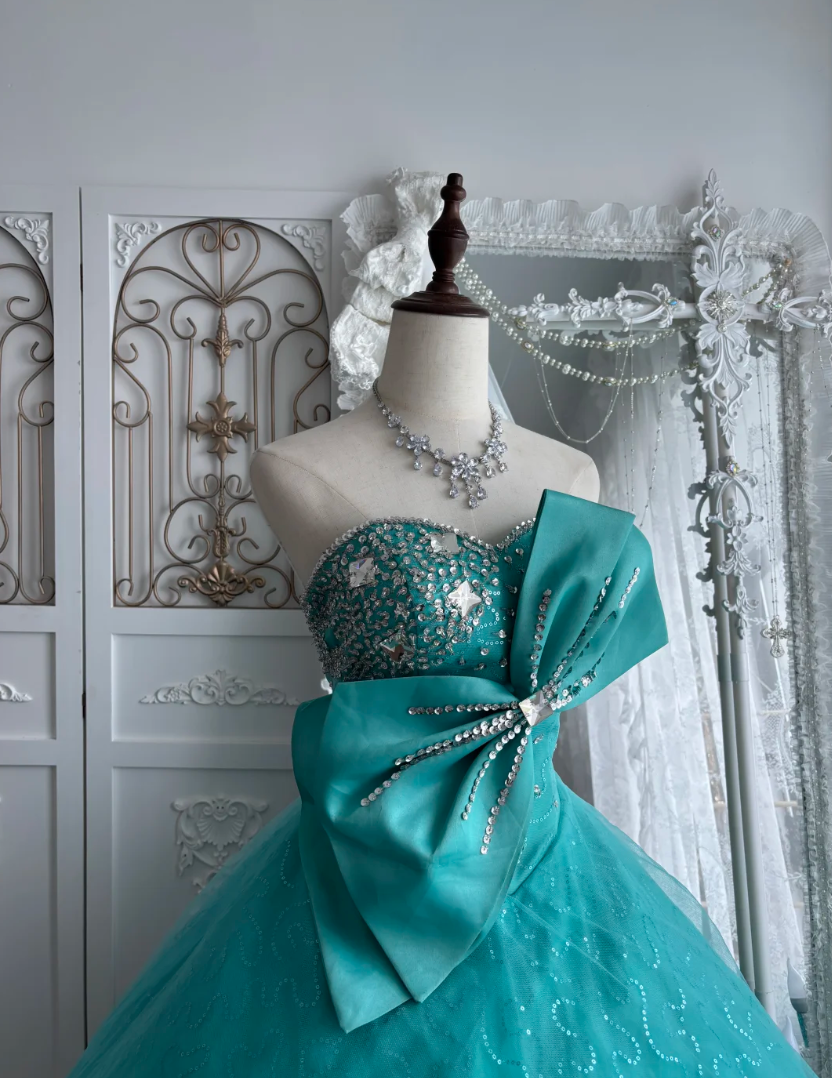 Y2K Strapless Sequins Prom Dress Green Bow A-Line Evening Dress GG7524
