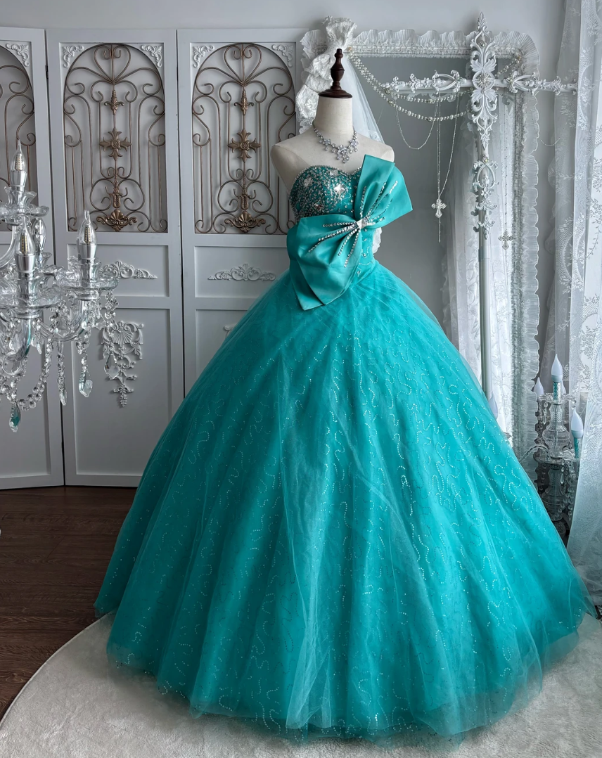 Y2K Strapless Sequins Prom Dress Green Bow A-Line Evening Dress GG7524