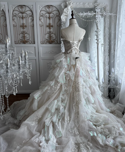 Ornate Strapless Beading Wedding Dress Sequins Tiered A-Line Bridal Dress GG7525
