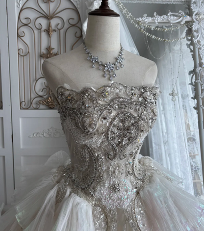Ornate Strapless Beading Wedding Dress Sequins Tiered A-Line Bridal Dress GG7525