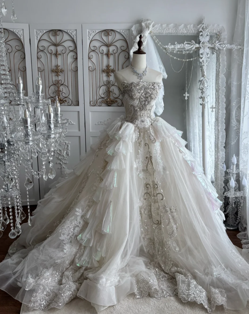 Ornate Strapless Beading Wedding Dress Sequins Tiered A-Line Bridal Dress GG7525