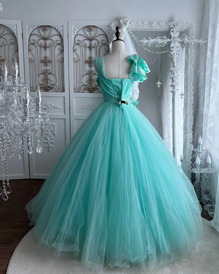 Y2K Sleeveless Sequins Prom Dress Green Bows Tulle A-Line Evening Dress GG7526