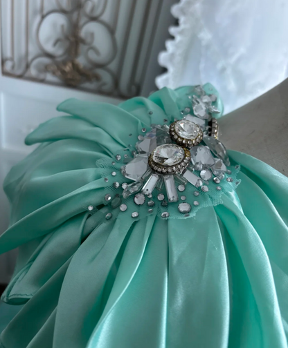 Y2K Sleeveless Sequins Prom Dress Green Bows Tulle A-Line Evening Dress GG7526