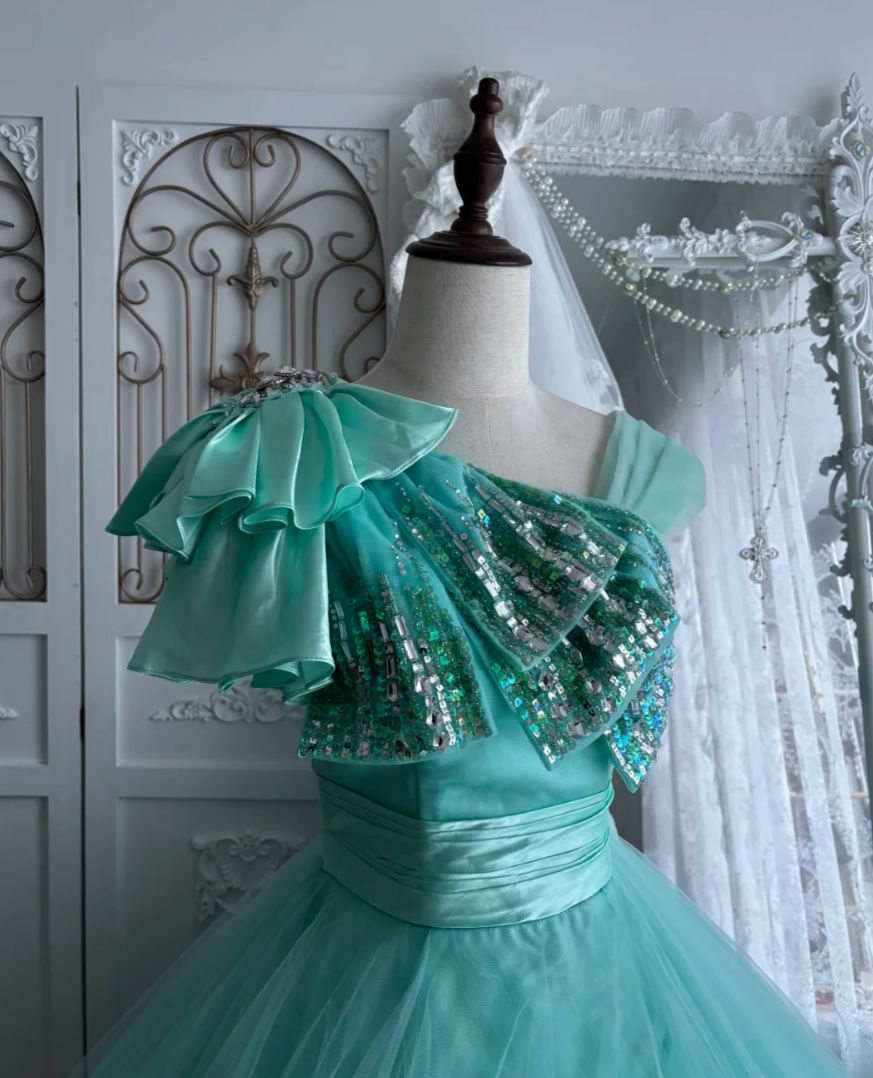 Y2K Sleeveless Sequins Prom Dress Green Bows Tulle A-Line Evening Dress GG7526
