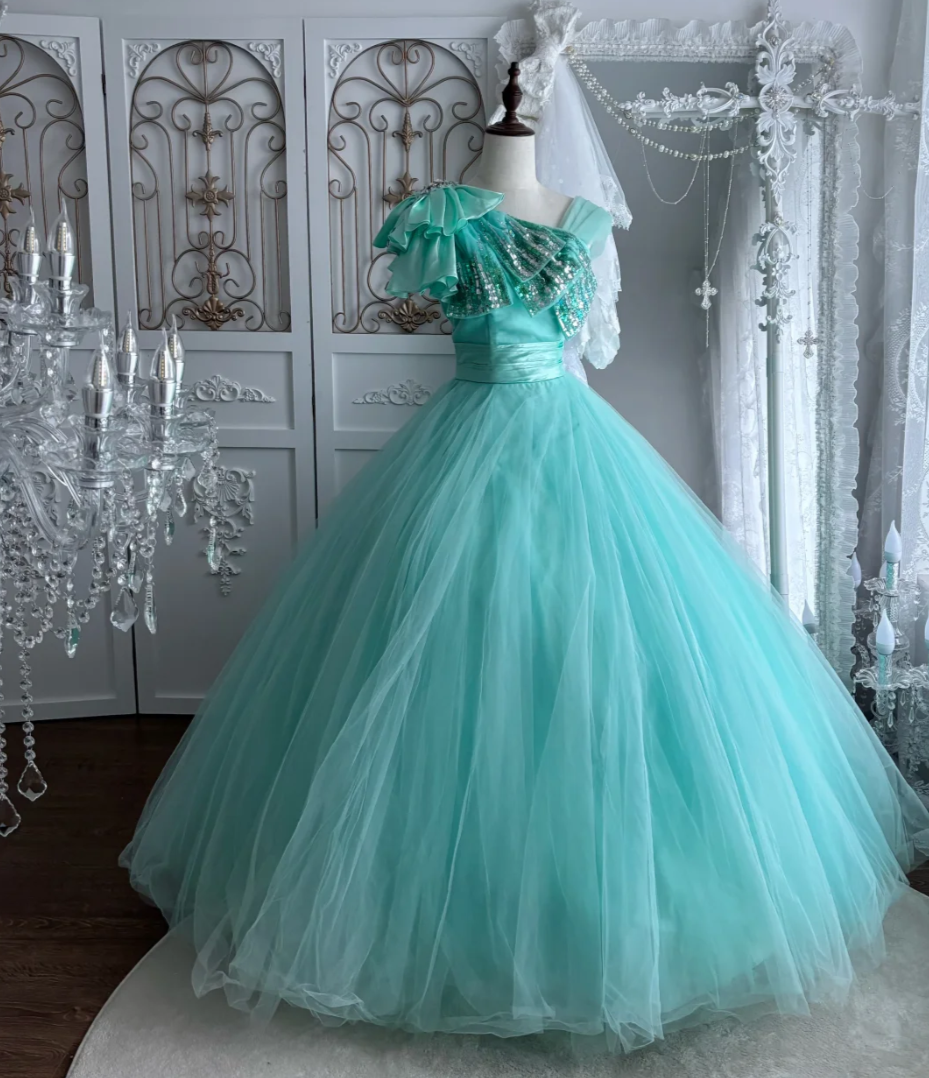 Y2K Sleeveless Sequins Prom Dress Green Bows Tulle A-Line Evening Dress GG7526