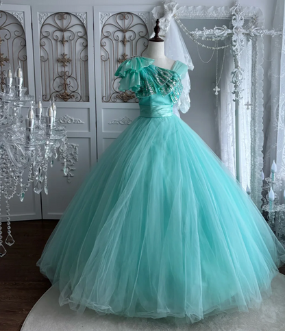 Y2K Sleeveless Sequins Prom Dress Green Bows Tulle A-Line Evening Dress GG7526