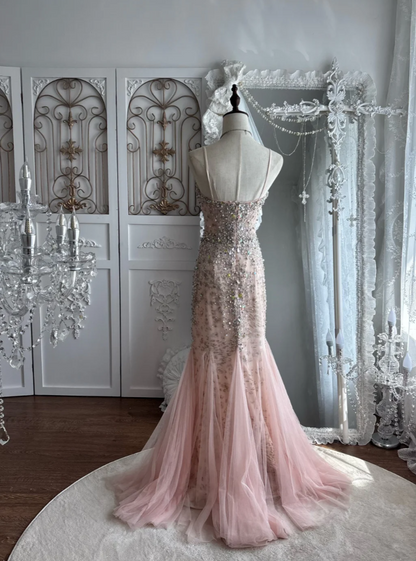 Charming Spaghetti Straps Prom Dress Pink Sequins Tulle Mermaid Evening Dress GG7527