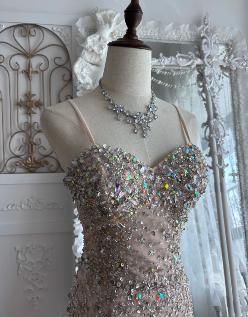 Charming Spaghetti Straps Prom Dress Pink Sequins Tulle Mermaid Evening Dress GG7527