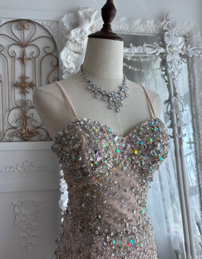 Charming Spaghetti Straps Prom Dress Pink Sequins Tulle Mermaid Evening Dress GG7527