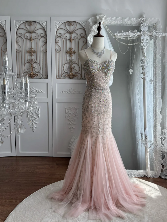 Charming Spaghetti Straps Prom Dress Pink Sequins Tulle Mermaid Evening Dress GG7527