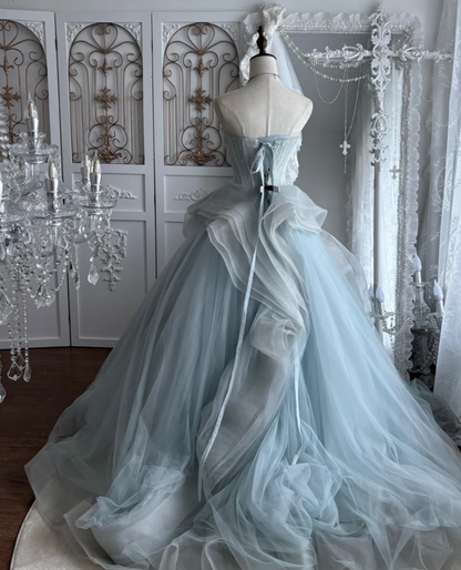 Alluring Strapless Blue Prom Dress Green Floral Beads Tulle A-Line Evening Dress GG7528