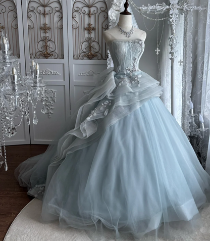 Alluring Strapless Blue Prom Dress Green Floral Beads Tulle A-Line Evening Dress GG7528