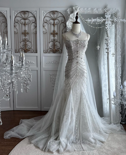 Luxurious Spaghetti Strap Wedding Dress Beading Sequins Mermaid Bridal Dress GG7529