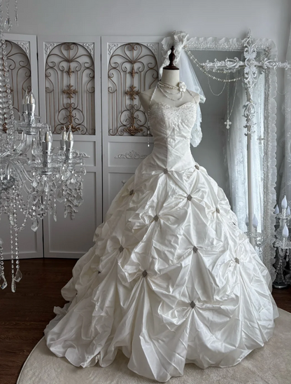 Unique Strapless Wedding Dress Sequins Satin A-Line Bridal Dress GG7530
