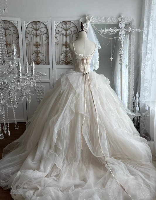 Alluring Spaghetti Straps Wedding Dress Lace Sequins Tulle A-Line Bridal Dress GG7531