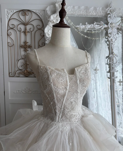 Alluring Spaghetti Straps Wedding Dress Lace Sequins Tulle A-Line Bridal Dress GG7531