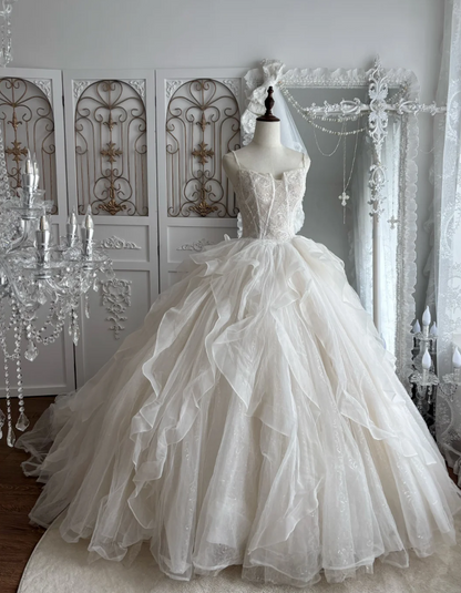 Alluring Spaghetti Straps Wedding Dress Lace Sequins Tulle A-Line Bridal Dress GG7531