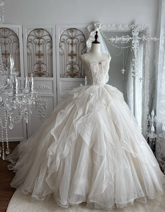 Alluring Spaghetti Straps Wedding Dress Lace Sequins Tulle A-Line Bridal Dress GG7531