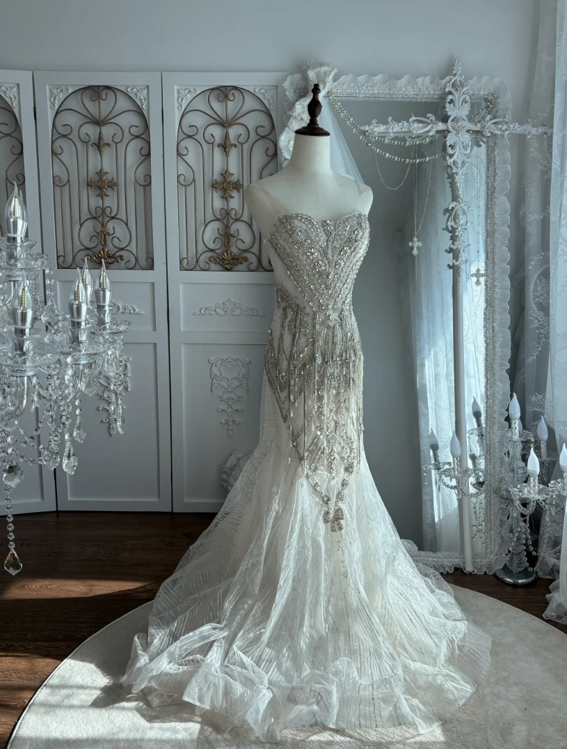 Ornate Strapless Beading Wedding Dress With Cape Tassel Mermaid Bridal Dress GG7534