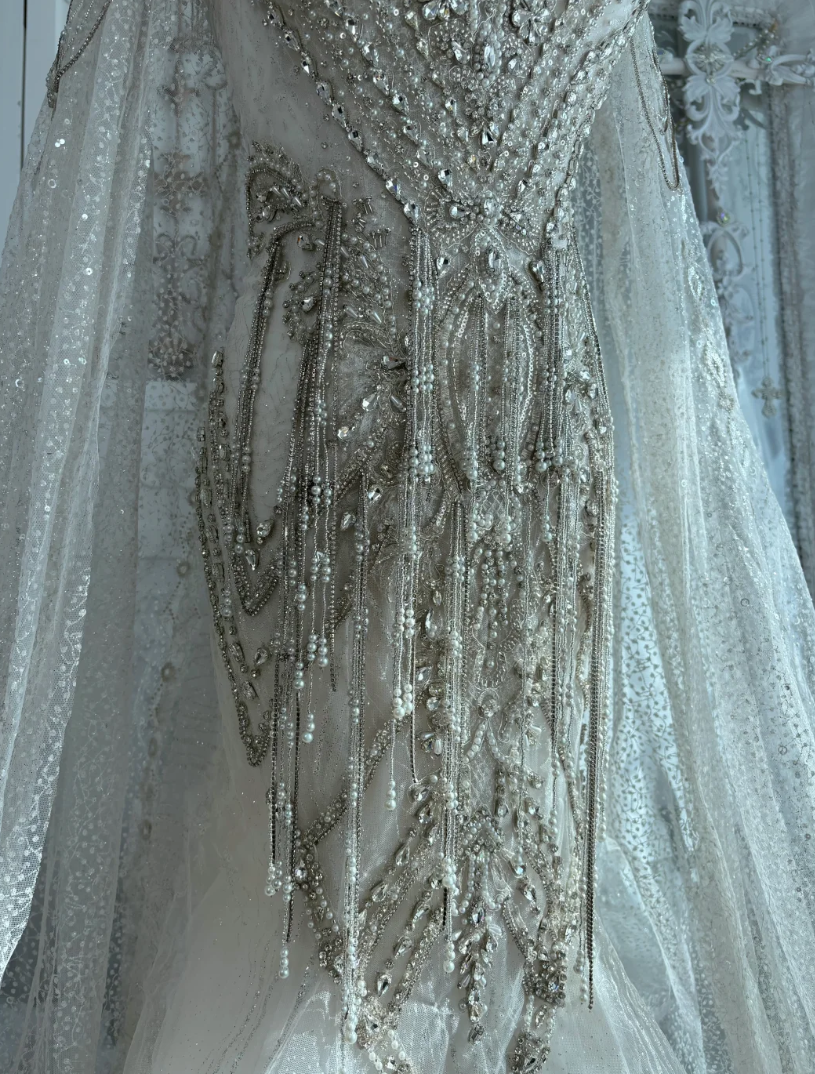 Ornate Strapless Beading Wedding Dress With Cape Tassel Mermaid Bridal Dress GG7534