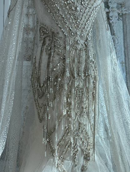Ornate Strapless Beading Wedding Dress With Cape Tassel Mermaid Bridal Dress GG7534