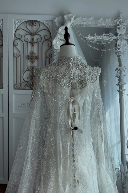 Ornate Strapless Beading Wedding Dress With Cape Tassel Mermaid Bridal Dress GG7534