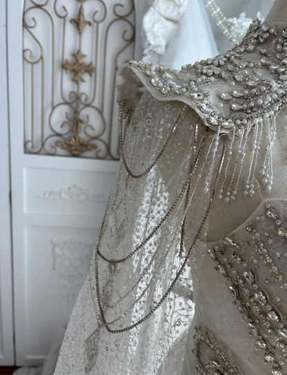 Ornate Strapless Beading Wedding Dress With Cape Tassel Mermaid Bridal Dress GG7534
