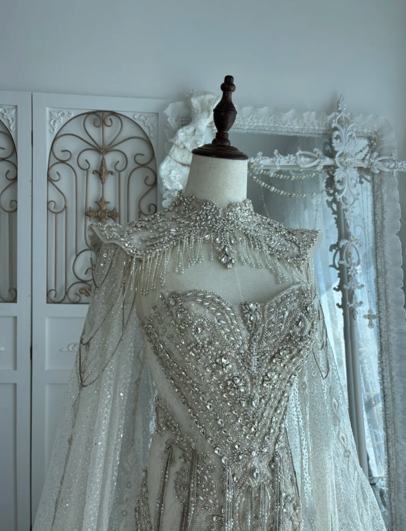 Ornate Strapless Beading Wedding Dress With Cape Tassel Mermaid Bridal Dress GG7534