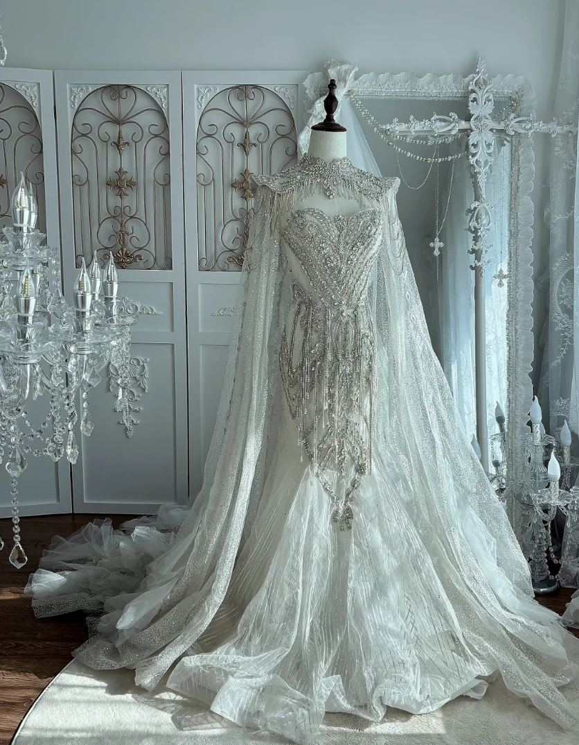 Ornate Strapless Beading Wedding Dress With Cape Tassel Mermaid Bridal Dress GG7534