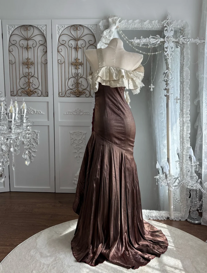 Vintage One Shoulder Floral Prom Dress Red & Brown Ruffles Sequins Mermaid Evening Dress GG7535