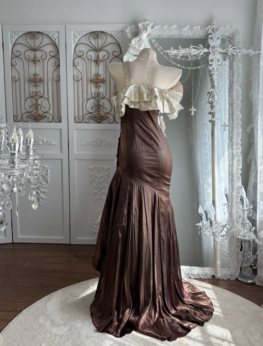 Vintage One Shoulder Floral Prom Dress Red & Brown Ruffles Sequins Mermaid Evening Dress GG7535