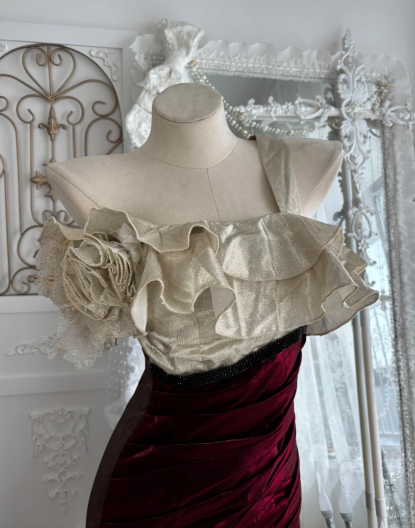 Vintage One Shoulder Floral Prom Dress Red & Brown Ruffles Sequins Mermaid Evening Dress GG7535