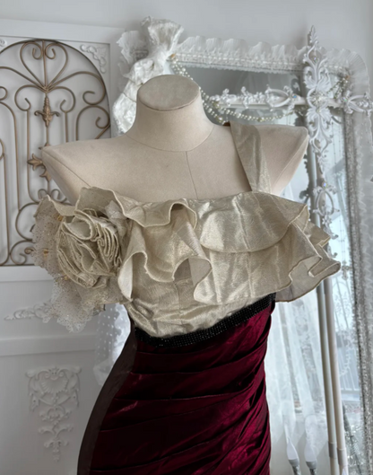 Vintage One Shoulder Floral Prom Dress Red & Brown Ruffles Sequins Mermaid Evening Dress GG7535