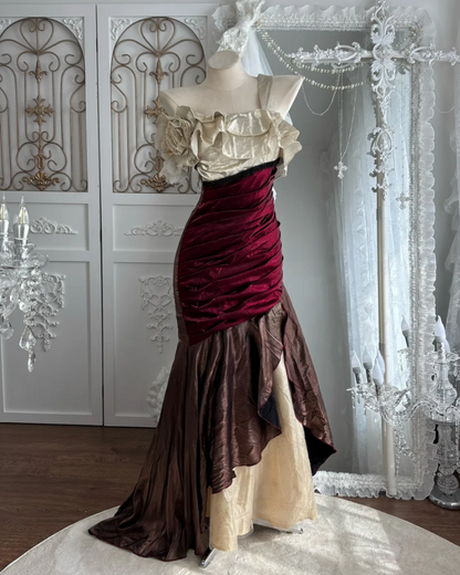 Vintage One Shoulder Floral Prom Dress Red & Brown Ruffles Sequins Mermaid Evening Dress GG7535