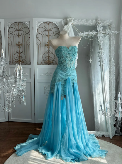 Retro Strapless Blue Homecoming Dress Appliques Sequins Sheath A-Line Birthday Dress GG7537