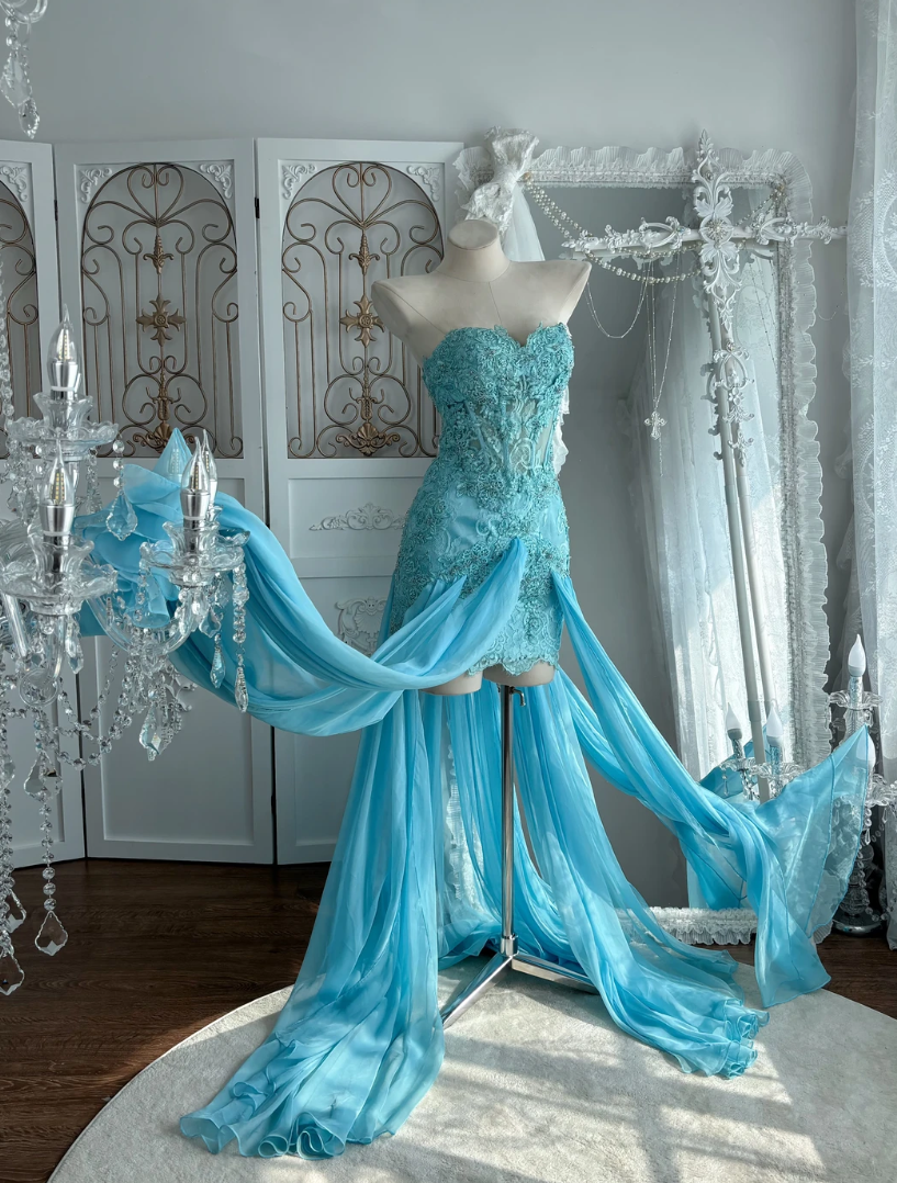 Retro Strapless Blue Homecoming Dress Appliques Sequins Sheath A-Line Birthday Dress GG7537
