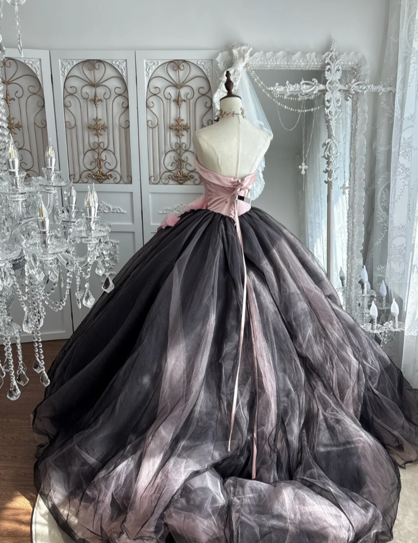 Cute Sweetheart Neck Prom Dress Pink & Gray Floral Tulle A-Line Evening Dress GG7538