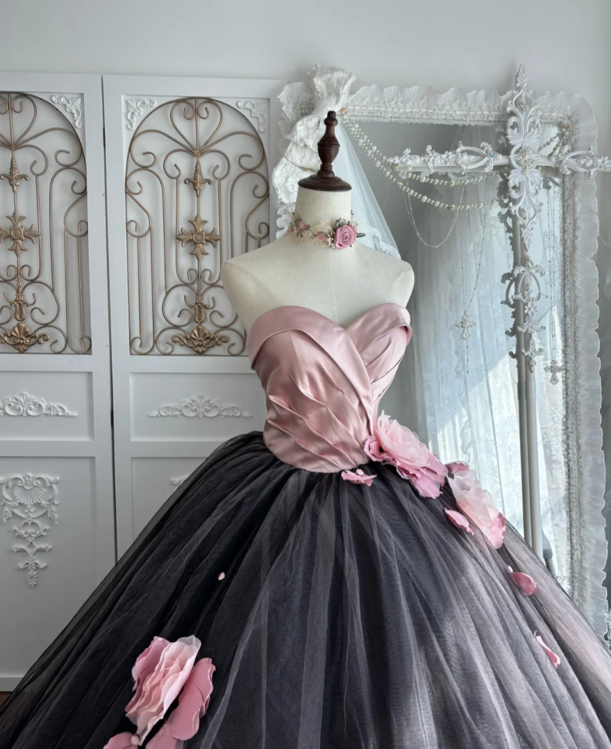 Cute Sweetheart Neck Prom Dress Pink & Gray Floral Tulle A-Line Evening Dress GG7538