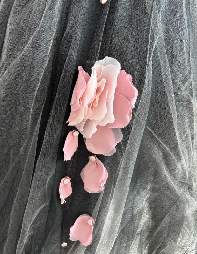 Cute Sweetheart Neck Prom Dress Pink & Gray Floral Tulle A-Line Evening Dress GG7538