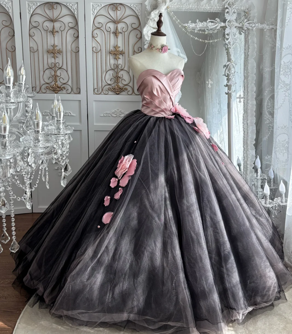 Cute Sweetheart Neck Prom Dress Pink & Gray Floral Tulle A-Line Evening Dress GG7538